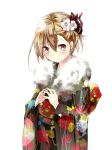  1girl alternate_costume blonde_hair commentary_request fingers_together floral_print flower fur gorilla_(bun0615) hair_between_eyes hair_flower hair_ornament hair_ribbon highres japanese_clothes kimono long_sleeves looking_at_viewer obi red_eyes red_ribbon ribbon rumia sash simple_background solo touhou white_background wide_sleeves 