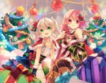  2girls braid capelet christmas christmas_ornaments christmas_tree dress gift green_eyes looking_at_viewer multiple_girls pink_eyes pink_hair sergestid_shrimp_in_tungkang shinia smile snowflakes star twintails white_hair xuan_ying 