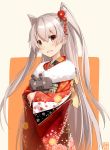  1girl absurdres alternate_costume amatsukaze_(kantai_collection) blush brown_eyes crossed_arms eyebrows_visible_through_hair floral_print flower fur_trim hair_between_eyes hair_flower hair_ornament highres japanese_clothes kantai_collection kimono long_hair long_sleeves looking_at_viewer open_mouth orange_background outside_border red_kimono rensouhou-kun robot takanashie twintails very_long_hair white_background wide_sleeves 