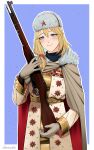  1girl alternate_costume blonde_hair blue_eyes bolt_action brown_cape brown_gloves cape commission darkpulsegg english_commentary fur_hat girls_frontline gloves gun hair_over_shoulder hat highres holding holding_gun holding_weapon long_hair long_sleeves mosin-nagant mosin-nagant_(girls&#039;_frontline) multicolored_cape multicolored_clothes red_cape red_star rifle solo ushanka weapon 