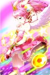  1girl angel_wings ball bare_shoulders blue_eyes bracelet collarbone comiccho crown dress frilled_dress frills hair_ornament heart_hair_ornament highres jewelry nari_(soccer_spirits) pink_dress pink_hair plant soccer_ball soccer_spirits solo standing star star_hair_ornament thigh-highs thorns thumb_to_mouth vines white_legwear white_wings wings 