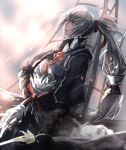  1boy bow_(weapon) brown_eyes fire_emblem fire_emblem_if fur_trim gloves grey_hair haruhito1211 long_hair male_focus ponytail sky solo takumi_(fire_emblem_if) upper_body weapon 