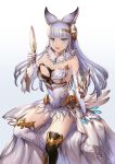  1girl animal_ears asymmetrical_clothes bare_shoulders blue_eyes breasts elbow_gloves erun_(granblue_fantasy) gloves gradient gradient_background granblue_fantasy hair_ornament korwa long_hair looking_at_viewer maekawa_yuichi open_mouth silver_hair smile solo thigh-highs 