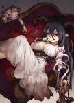  1girl bandaged_arm black_gloves black_hair blood bloody_clothes breasts cleavage danua doll dress fingerless_gloves gloves granblue_fantasy highres horn_ornament horns long_hair looking_at_viewer lying on_back pointy_ears red_eyes sleeveless solo very_long_hair white_dress yuu_(higashi_no_penguin) 