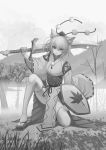  &gt;:) 1girl animal_ears bangs detached_sleeves full_body geta greyscale hair_between_eyes hat highres holding holding_sword holding_weapon inubashiri_momiji kneeling light_smile long_sleeves looking_at_viewer monochrome obi over_shoulder parted_lips pelvic_curtain pom_pom_(clothes) recare ribbon-trimmed_legwear ribbon-trimmed_sleeves ribbon_trim sash shield short_hair solo sword sword_over_shoulder thigh-highs tokin_hat touhou tree weapon weapon_over_shoulder white_legwear wide_sleeves wolf_ears 