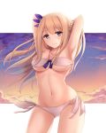  1girl armpits arms_behind_head arms_up bangs bird blonde_hair blue_eyes blush breasts cleavage closed_mouth clouds collarbone contrapposto cowboy_shot evening eyebrows_visible_through_hair flying front-tie_top gluteal_fold groin hair_ornament hands_in_hair highres lexington_(zhan_jian_shao_nyu) long_hair looking_at_viewer medium_breasts navel o-ring_bikini o-ring_bottom orange_sky panties sky smile solo star_(sky) starry_sky stomach swimsuit underwear white_panties wind yuemanhuaikong zhan_jian_shao_nyu 