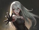  1girl 2017 android arm_at_side armlet armpits bare_shoulders black_gloves blue_eyes breasts closed_mouth collarbone dao_trong_le dated elbow_gloves eyelashes gloves hair_between_eyes highres lips long_hair looking_away medium_breasts mole mole_under_mouth nier_(series) nier_automata no_pupils nose outstretched_arm reaching reaching_out red_lips robot_joints signature silver_hair skin_tight sleeveless solo sparkle spread_fingers tank_top upper_body yorha_type_a_no.2 yorha_type_a_no._2 
