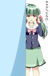  1girl battle_girl_high_school green_hair highres looking_at_viewer peeking_out red_eyes sadone school_uniform solo translation_request u.b_m1s2s 