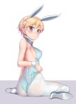  1girl adapted_costume adjusting_clothes animal_ears armband ass bare_shoulders blonde_hair blue_eyes blush brave_witches breasts bunnysuit closed_mouth collar erect_nipples from_behind full_body high_heels highres konnyaku_(kk-monmon) large_breasts looking_at_viewer looking_back nikka_edvardine_katajainen pantyhose rabbit_ears shiny shiny_hair short_hair sideboob simple_background sitting solo wariza white_background white_legwear world_witches_series 