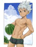  1boy ball beachball brown_eyes food fruit hand_on_hip king_of_prism_by_prettyrhythm looking_at_viewer male_focus male_swimwear nishina_kazuki pretty_rhythm pretty_rhythm_rainbow_live short_shorts shorts smile solo spiky_hair standing swim_trunks swimwear toned toned_male torakichi_(ebitendon) twitter_username watermelon white_hair 