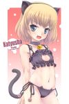  1girl animal_ears arms_behind_back bell bell_choker black_bra black_panties blonde_hair blue_eyes blush bra cat_cutout cat_ear_panties cat_ears cat_lingerie cat_tail character_name choker cleavage_cutout cover cover_page cowboy_shot doujin_cover fake_animal_ears fang flat_chest girls_und_panzer highres jingle_bell katyusha looking_at_viewer mao_(6r) navel open_mouth panties side-tie_panties smile solo standing tail underwear underwear_only 