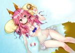  2girls ahoge animal_costume animal_ears artoria_pendragon_(all) bad_id bad_pixiv_id bell bell_collar bikini blonde_hair blush breasts chibi cleavage collar fate/extra fate_(series) fox_ears fox_tail green_eyes groin highres large_breasts lion_costume long_hair looking_at_another multiple_girls nail_polish nanakusa_amane pink_hair saber saber_lion short_hair swimsuit tail tamamo_(fate)_(all) tamamo_no_mae_(fate) water white_bikini yellow_eyes 