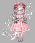  1girl artist_name dress flower full_body gloves grey_background grey_eyes grey_hair grey_shoes hair_flower hair_ornament hands_together hat horns konataeru long_hair looking_at_viewer open_mouth personification pink_dress pink_gloves pink_hat pink_legwear sheep_horns shoes solo spring_(season) standing 