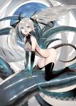  1girl bare_shoulders blue_eyes elbow_gloves gloves highres leotard long_hair looking_at_viewer original pointy_ears silver_hair solo tail thigh-highs tokiti 