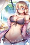  1girl bikini blonde_hair blue_eyes blurry blush braid breasts character_name depth_of_field fate/grand_order fate_(series) flag guardian-panda highres large_breasts long_hair looking_at_viewer navel petals ruler_(fate/apocrypha) single_braid solo swimsuit water 