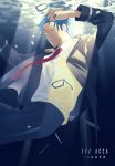  1boy acca_13-ku_kansatsu-ka air_bubble arms_up black_pants blue_hair broken_eyewear bubble closed_eyes copyright_name facing_viewer formal highres long_sleeves male_focus necktie niino_(acca) pants red_neckwear shirt suit tsujimoto_aki underwater white_shirt 