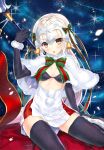  1girl bangs bell black_bra black_gloves black_legwear blonde_hair blush boots bra breasts brown_eyes capelet dress elbow_gloves eyebrows_visible_through_hair fate/grand_order fate_(series) fur_trim gloves green_ribbon headpiece holding holding_weapon jeanne_alter jeanne_alter_(santa_lily)_(fate) kibasuke lance light_particles long_hair looking_at_viewer medium_breasts night night_sky parted_lips polearm red_ribbon ribbon ruler_(fate/apocrypha) short_dress sitting sky solo sparkle star_(sky) starry_sky striped striped_ribbon thigh-highs underwear weapon white_dress 