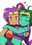  2girls ^_^ bare_arms bare_shoulders blue_eyes blush breasts carrying closed_eyes dark_skin earrings embarrassed forehead_jewel gem green_hair green_skin happy headband heart hoop_earrings jewelry johnny_(seek_as_1990sp) lifting lifting_person midriff multiple_girls navel ponytail purple_hair rottytops shantae shantae_(character) shantae_(series) shantae_and_the_pirate&#039;s_curse short_hair sideboob simple_background skull skull_earrings smile stitches stomach torn_clothes upper_body vest white_background yuri zombie 