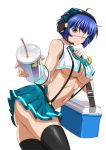  1girl ass black_legwear blue_hair bow breasts cup drink eyepatch fingerless_gloves gloves green_eyes headphones holding ikkitousen large_breasts looking_at_viewer lunchbox microphone mole mole_under_mouth navel necktie official_art pleated_skirt ryomou_shimei shiny shiny_skin short_hair simple_background skirt sleeveless smile solo suspenders thigh-highs twisted_torso under_boob white_background 