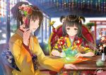  2girls artist_name bangs blurry blurry_background blush breasts brown_eyes brown_hair chair commentary cup depth_of_field drawing eyebrows_visible_through_hair floating_hair floral_print flower hair_ornament half-closed_eyes hanekoto holding_brush indoors japanese_clothes kanzashi kimono light_smile long_hair looking_at_another looking_down medium_breasts multiple_girls open_mouth original ponytail red_flower short_hair_with_long_locks shrine signature sitting smile sparkle steam table torii two_side_up vase white_flower year_of_the_rooster yellow_kimono 