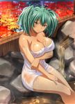  1girl artist_request autumn_leaves breasts building cleavage green_eyes green_hair highres ikkitousen ikkitousen_great_guardians large_breasts leaf maple_leaf naked_towel official_art onsen ryofu_housen see-through smile solo towel twintails wet 