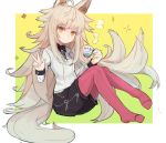  1girl ahoge animal_ears commentary cup fox_ears fox_tail highres holding holding_cup long_hair long_sleeves looking_at_viewer multiple_tails nigatsu_(samui_nigatsu) original pantyhose pink_legwear shirt sitting solo steam tail v very_long_hair white_hair white_shirt yellow_eyes 