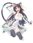 1girl ;d animal_ears black_hair boots bracelet breasts bridal_gauntlets cat_ears cat_tail cleavage_cutout covered_navel fang full_body hair_ribbon jewelry leotard long_hair looking_at_viewer one_eye_closed open_mouth ribbon simple_background smile solo tail thigh-highs violet_eyes white_background 