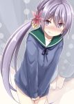  1girl akane_souichi akebono_(kantai_collection) bell blush bow clenched_teeth clothes_tug flower hair_bell hair_between_eyes hair_bow hair_flower hair_ornament jingle_bell kantai_collection long_hair looking_at_viewer multiple_views no_pants purple_hair purple_sweater school_uniform serafuku sweater sweater_tug teeth thighs very_long_hair violet_eyes 
