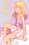  1girl aikatsu! alternate_hairstyle bangs bed blonde_hair blush closed_mouth highres hoshimiya_ichigo long_hair looking_at_viewer nightgown on_bed pajamas pastel pink_eyes red_eyes simple_background sitting socks solo undressing wattaro 