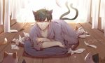  1boy 2016 alternate_eye_color animal animal_ears artist_name bakeneko bangs black_hair blurry cat cat_ears cat_tail closed_mouth collarbone crumpled_paper curtains cushion dated depth_of_field eyebrows_visible_through_hair flying_paper japanese_clothes kimono long_sleeves lying male_focus matsuno_ichimatsu multiple_tails on_floor on_side osomatsu-kun osomatsu-san paper phino pillow shadow signature tail two_tails violet_eyes whiskers wide_sleeves wooden_floor 