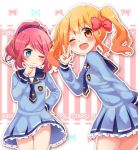  2girls ;) ;d aikatsu! aikatsu_stars! bangs blush bow breasts copyright_name cowboy_shot dress eyebrows_visible_through_hair hair_bow hair_ornament hair_scrunchie hand_on_hip hand_on_own_chin looking_at_another looking_at_viewer medium_breasts multiple_girls nijino_yume one_eye_closed open_mouth pink_bow pink_hair ponytail sailor_collar sailor_dress sakuraba_rola scrunchie smile striped teeth thighs twintails umino_(umino00) v vertical-striped_background vertical_stripes wavy_hair 