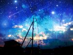  absurdres blue_sky clouds cloudy_sky comet highres house night night_sky no_humans original outdoors scenery sky sparkle star_(sky) starry_sky town usamochi_(7290381) utility_pole 