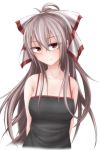  1girl arms_behind_back bare_shoulders bow camisole contemporary fujiwara_no_mokou grey_hair hair_between_eyes hair_bow head_tilt kuroba_rapid long_hair looking_at_viewer red_eyes simple_background smile solo touhou tsurime upper_body white_background 