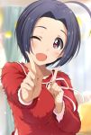  1girl ahoge antenna_hair blue_hair blurry blush breasts depth_of_field fur_sweater hitotsuki_nanoka idolmaster index_finger_raised koi_dance large_breasts looking_at_viewer miura_azusa one_eye_closed open_mouth red_eyes short_hair smile solo 