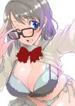 1girl bespectacled black-framed_eyewear blue_eyes bra breasts brown_hair cleavage commentary glasses large_breasts looking_at_viewer love_live! love_live!_sunshine!! midriff navel one_eye_closed open_mouth panties partially_undressed pleated_skirt school_uniform self_shot shinama shirt_lift short_hair side-tie_panties skirt solo underwear watanabe_you