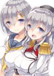  2girls :d beret between_breasts blue_eyes blush breast_hold breasts buttons epaulettes frilled_sleeves frills grey_eyes hair_ornament hair_over_one_eye hairclip hamakaze_(kantai_collection) hat jacket kantai_collection kashima_(kantai_collection) kerchief large_breasts looking_at_viewer military military_uniform multiple_girls neckerchief open_mouth sailor_collar school_uniform serafuku short_hair silver_hair simple_background smile twintails uniform wavy_hair white_background yuzu-aki 