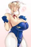  1girl animal_ears artoria_pendragon_lancer_(fate/grand_order) bare_shoulders blue_eyes braid breasts bunnysuit cleavage crossed_arms earrings fate/grand_order fate_(series) gloves green_eyes heart huge_breasts jewelry looking_at_viewer pantyhose rabbit_ears saber skindentation smile solo tanishi_(tani4) 