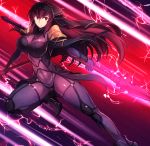  1girl armor arms_behind_back bodysuit boots breasts comic commentary_request dual_wielding elbow_gloves energy_beam fate/grand_order fate_(series) gloves glowing holding holding_weapon impossible_clothes jumping knee_up large_breasts long_hair looking_to_the_side polearm purple_hair red_eyes scathach_(fate/grand_order) shoulder_armor solo spear thigh-highs thigh_boots tomoyohi unitard weapon 
