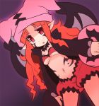  1girl black_wings breasts demon_tail duel_monster garoudo_(kadouhan&#039;i) ghostrick_socuteboss hat heart long_hair looking_at_viewer midriff pillow pointy_ears red_eyes redhead solo tail tattoo wings yu-gi-oh! 