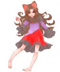  1girl animal_ears barefoot blouse brooch brown_hair capelet fangs fingernails highres imaizumi_kagerou jewelry long_fingernails long_hair long_sleeves ma_nyan_(nyao_mao_nyao) nail_polish purple_blouse red_eyes red_skirt skirt touhou very_long_hair wavy_hair wolf_ears 