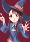  1girl :o akko_kagari brown_eyes brown_hair chiakillust half_updo hat little_witch_academia long_hair wand witch witch_hat 