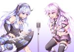  2girls absurdres alaska_(zhan_jian_shao_nyu) bare_shoulders black_legwear blue_eyes blue_hair choker detached_sleeves erect_nipples guam_(zhan_jian_shao_nyu) headset highres instrument keyboard_(instrument) lavender_eyes lavender_hair leaning_forward microphone multiple_girls music neck_ribbon playing_instrument ray_(pixiv9514208) ribbon singing thigh-highs zhan_jian_shao_nyu 