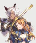  1boy 1girl animal_ears beatrix_(granblue_fantasy) blue_eyes blush breasts brown_eyes brown_hair cleavage cleavage_cutout dark_skin dark_skinned_male elbow_gloves erun_(granblue_fantasy) eustace_(granblue_fantasy) gloves granblue_fantasy gun mesme petting rifle weapon white_hair 