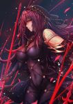  1girl antiqq bodysuit breasts covered_navel fate/grand_order fate_(series) gae_bolg highres large_breasts long_hair looking_to_the_side pauldrons polearm profile purple_bodysuit purple_hair red_eyes scathach_(fate/grand_order) solo spear veil weapon 
