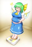  !! /\/\/\ 1girl absurdres ascot asheta7 barefoot belly_grab big_belly blue_eyes blush breasts collared_shirt commentary d: daiyousei fairy_wings fat fat_folds full_body green_hair highres large_breasts narrowed_eyes open_mouth pinching puffy_short_sleeves puffy_sleeves shiny shiny_clothes shiny_hair shiny_skin shirt short_hair short_sleeves side_ponytail skirt skirt_set solo sweat tears touhou translated turn_pale undersized_clothes vest weighing_scale weight_conscious wings 