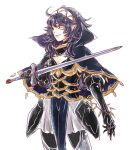 1girl black_hair breasts cape cleavage cleavage_cutout fire_emblem fire_emblem_if holding holding_weapon insarability long_hair looking_at_viewer skirt smile soleil_(fire_emblem_if) sword tattoo weapon white_background 