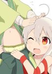  ahoge antenna_hair arm_ribbon chiya_(urara_meirochou) commentary_request fangs gobanme_no_mayoi_neko hair_between_eyes highres long_hair natsume_nono navel one_eye_closed open_clothes panties pushing_away red_eyes ribbon silver_hair tank_top underwear urara_meirochou 