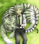  1boy black_gloves bungou_stray_dogs fingerless_gloves gloves liu_chun-ling male_focus multicolored_eyes nakajima_atsushi_(bungou_stray_dogs) necktie open_mouth silver_hair smile suspenders tail tiger violet_eyes yellow_eyes 