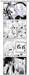  4girls 4koma :d ahoge asashimo_(kantai_collection) black_gloves blush bow bowtie closed_eyes comic dark_skin dress glasses gloves greyscale hair_between_eyes hair_over_one_eye hair_ribbon headgear highres kaga3chi kantai_collection kiyoshimo_(kantai_collection) long_hair long_sleeves low_twintails monochrome multicolored_hair multiple_girls musashi_(kantai_collection) naganami_(kantai_collection) open_mouth partly_fingerless_gloves pointy_hair ponytail ribbon sarashi school_uniform semi-rimless_glasses shaking_head sleeveless sleeveless_dress smile sparkle tablet twintails two_side_up very_long_hair waving_arms 