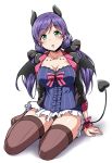  1girl bat_wings breasts bustier green_eyes highres jacket large_breasts love_live! love_live!_school_idol_project low_twintails purple_hair scrunchie sitting thigh-highs toujou_nozomi twintails wings yopparai_oni 